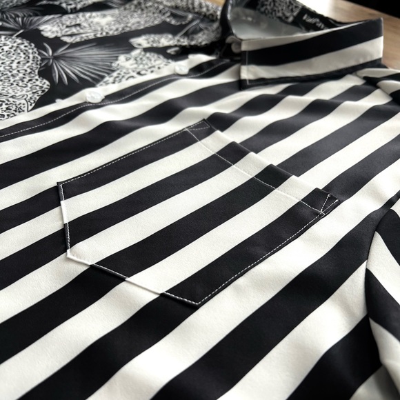 ⚫️ NWOT ⚪️ Button Down Lightweight Collared Shirt with Split Stripes & Leopards - Picture 3 of 7